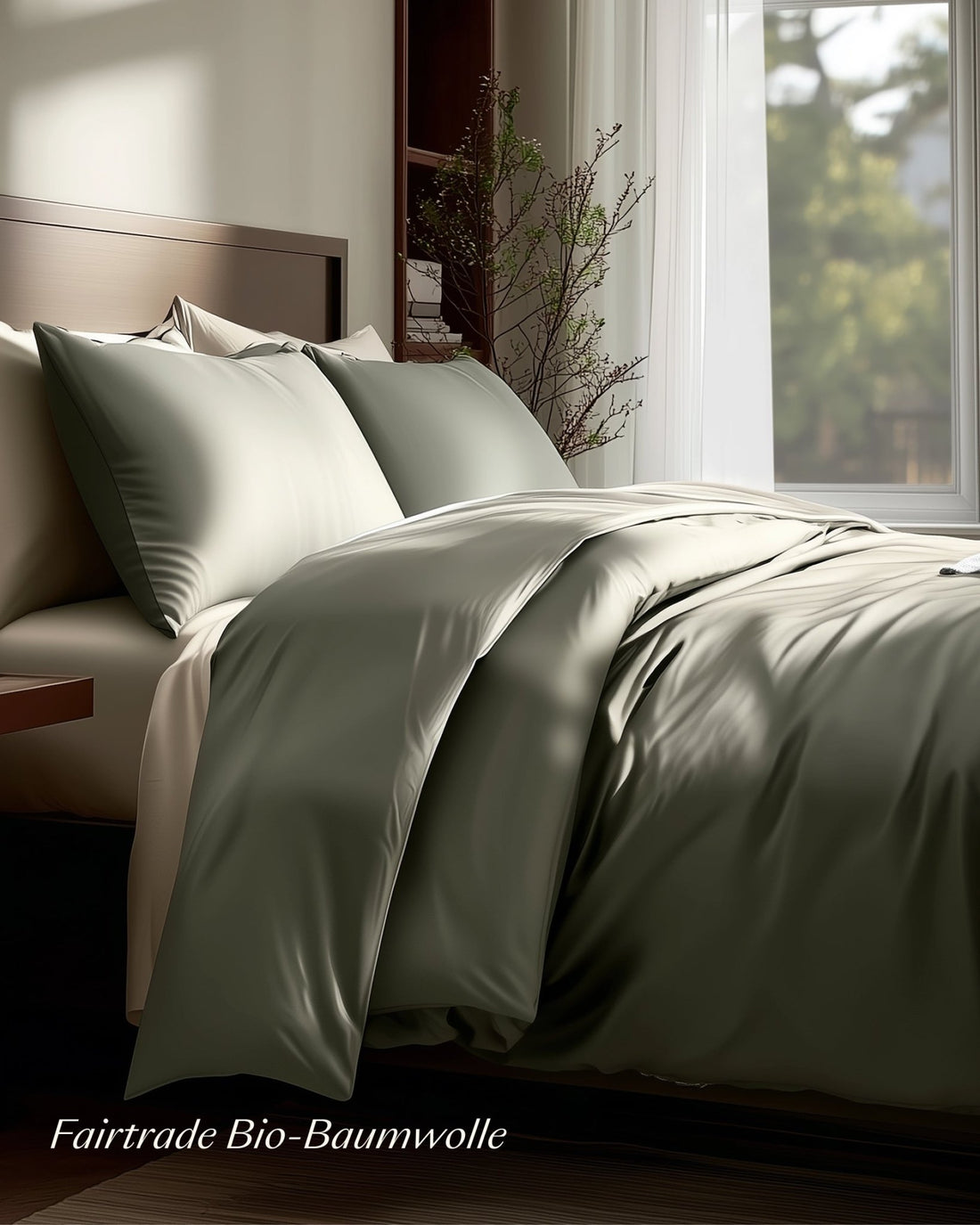 Bio - Baumwolle Bettwäsche Set Salbeigruen 135x200 cm 80x80 cm