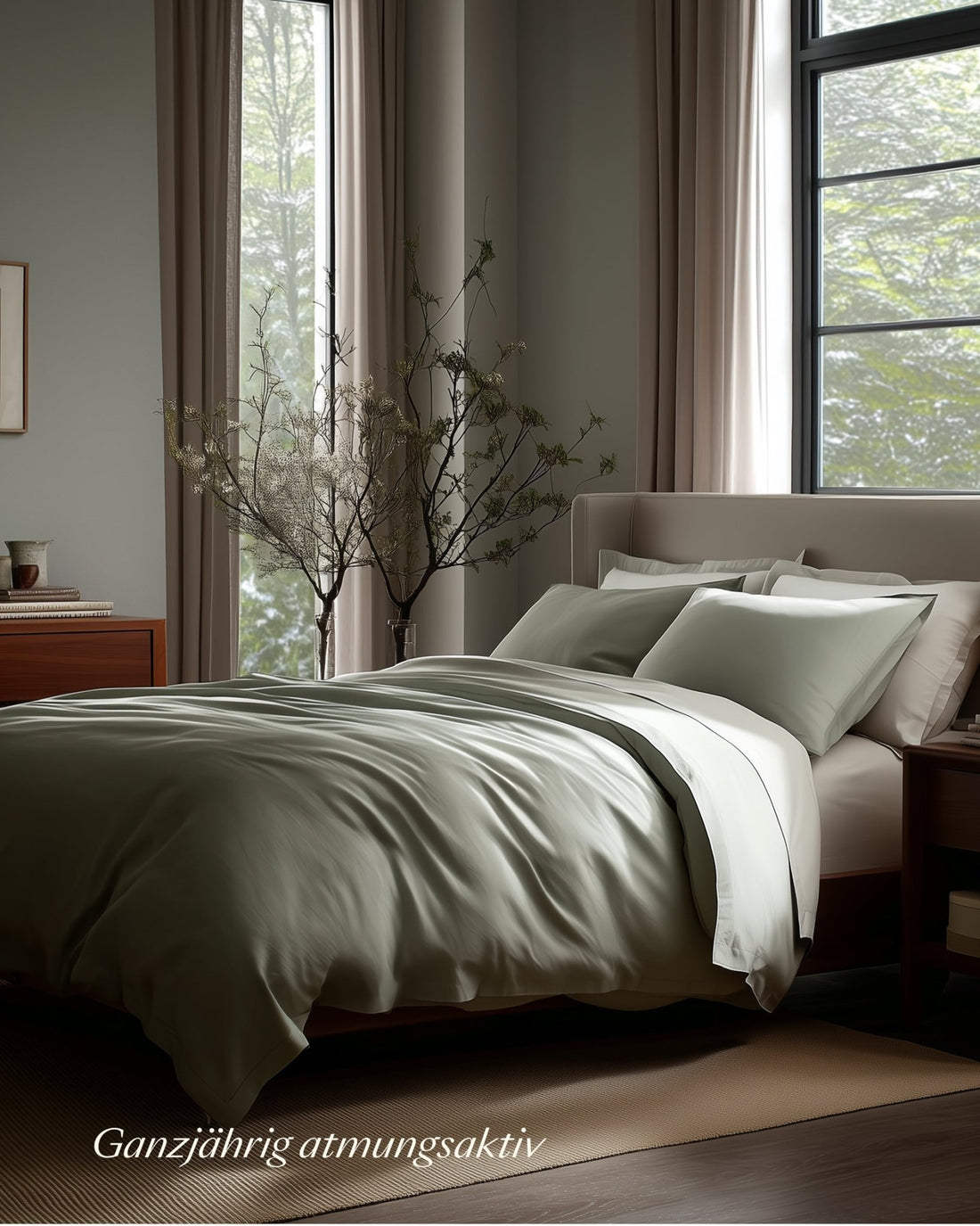 Bio - Baumwolle Bettwäsche Set Salbeigruen 135x200 cm 80x80 cm