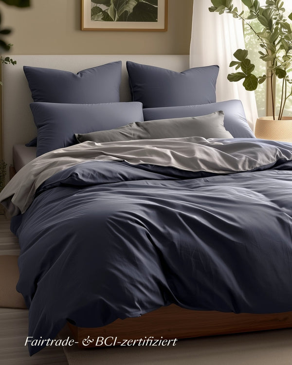 Perkal Bettwäsche Set Dunkelblau 135x200 cm 80x80 cm